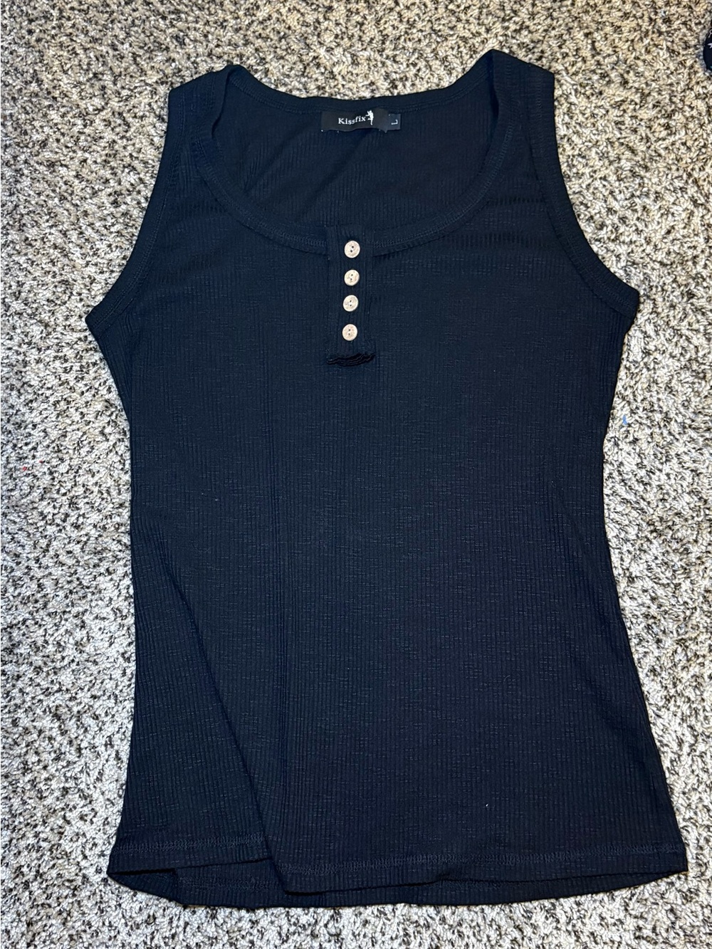 Kissfix Black Ribbed Tank with Henley Faux Buttons